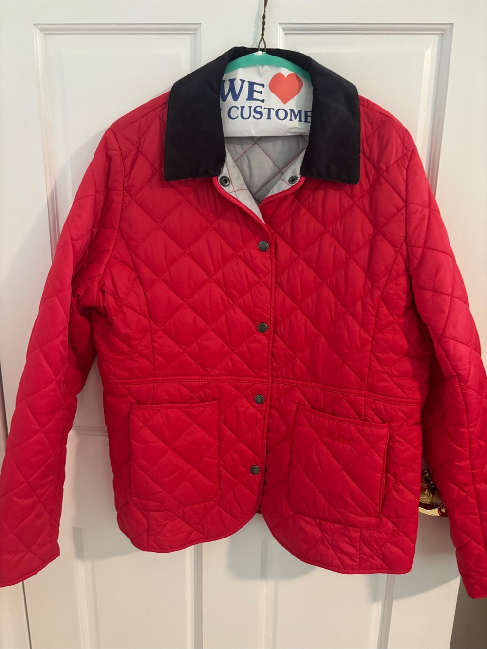 Barbour Quilted Red Women’s Puffer with Black Corduroy Contrast Collar